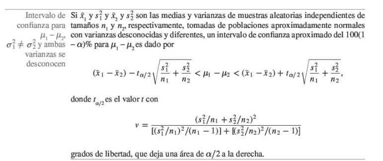 Intervalo de confianza para \mu_1-\mu_2 cuando \sigma_1^2\neq\sigma_2^2